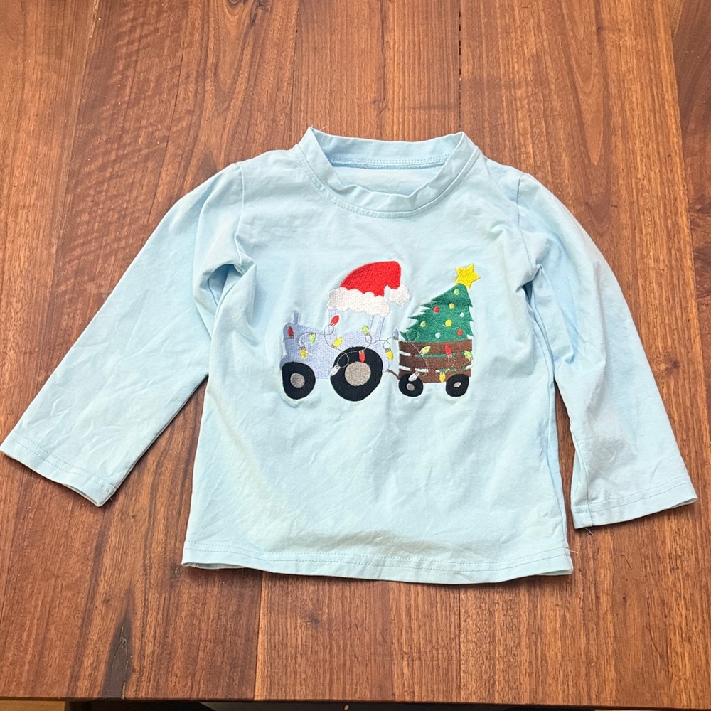 Kids Light Blue Tractor and Tree Holiday Shirt